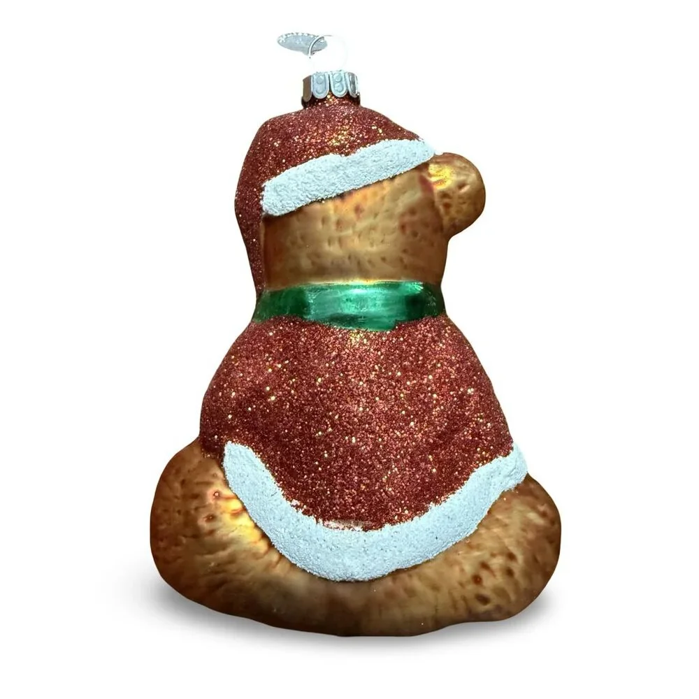 Christopher Radko Teddy Bear Christmas Ornament‎ Retro Glass Red Green Glitter